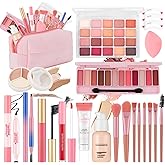 All In One Makeup Kit for Teen Girls Beginners with Foundation,Eyeshadow, Lipstick, Eyeliner, Mascara, Brushes, Bag, Travel Friendly MakeUp Gift Set, Birthday Gifts for Teen Girls, Graduation Gifts