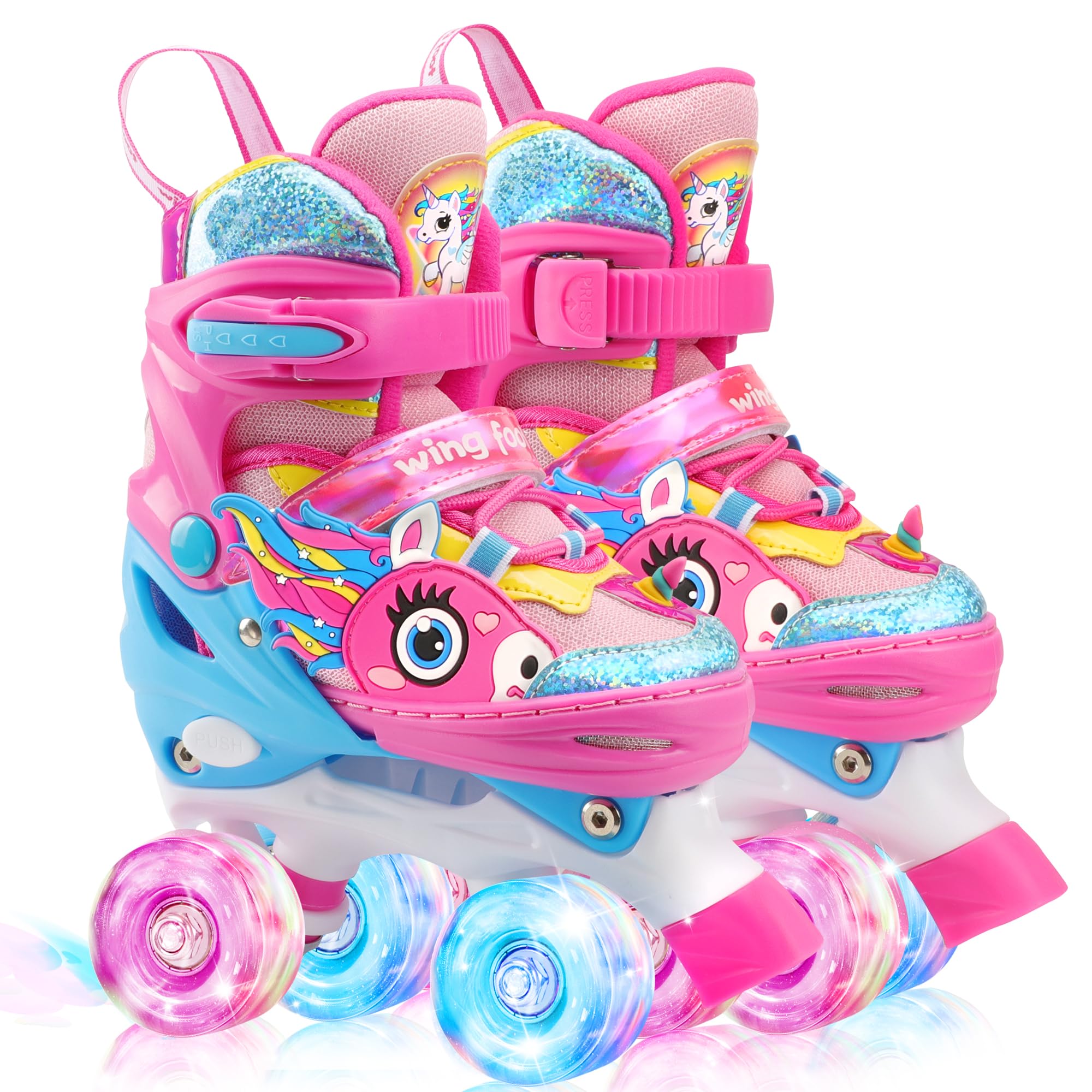 Unicorn Kids Toddler Roller Skates for Girls,WESKIFAN Quad Skating Shoes with Shiny Light up Wheels&Adjustable Sizes Beginners rollerskates for Xmas Birthday Gifts (Pink, M(1~4)) Image