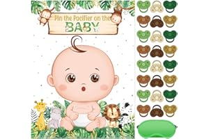 Faccito Pin The Pacifier Baby Shower Game Baby Shower Party Decorations Include Large Poster 24 Pacifier Stickers Blindfold Game Set for Birthday Party Decor Supplies(Green,Wild Animal)