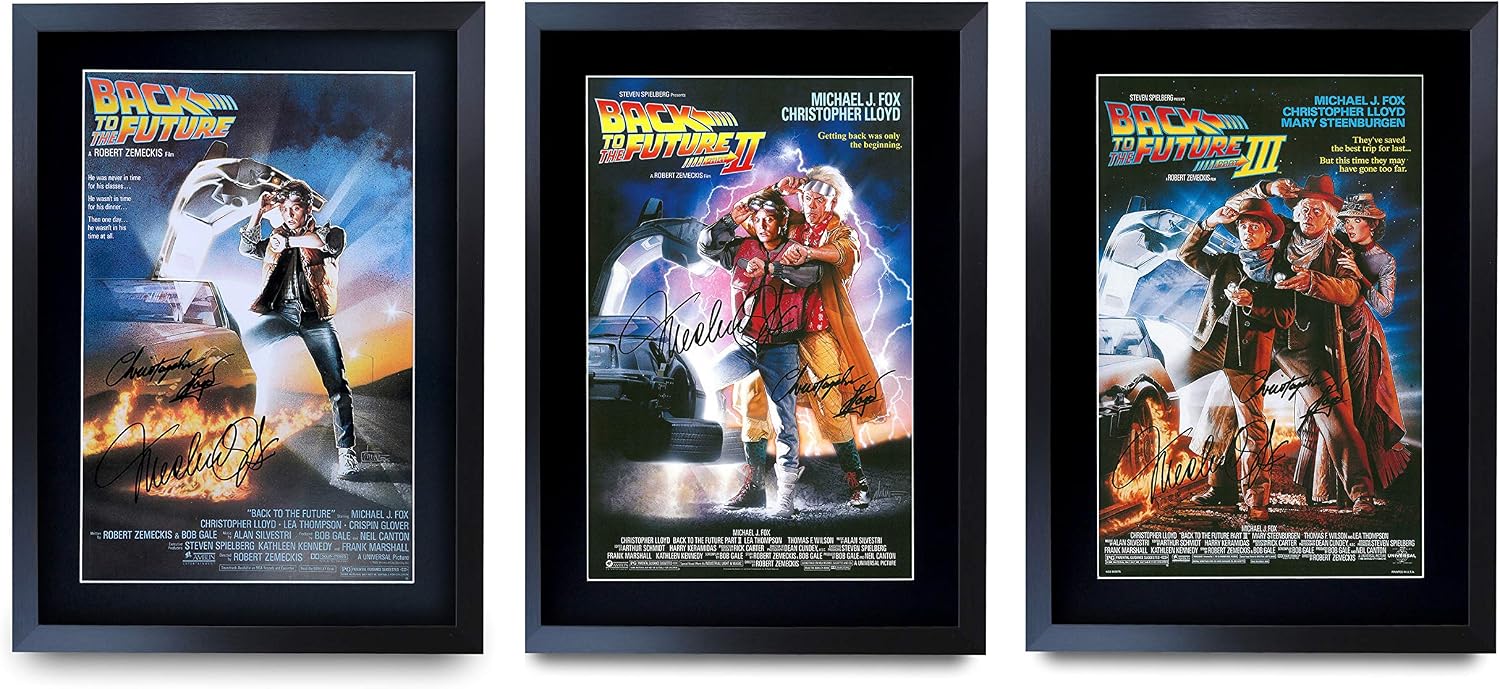 HWC Trading A3 FR Back to the Future Complete Collection Movie Poster Cast Signed Gift Framed Printed Autograph Christopher Lloyd Michael J Fox Gifts Print Photo Picture Display