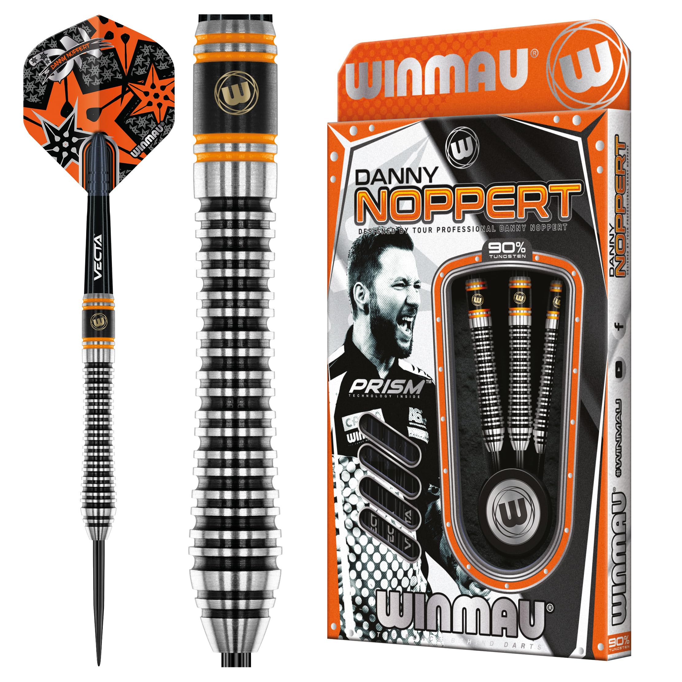 WINMAU Danny Noppert Signature Edition 2.0 23 Gram Professional Steeltip Tungsten Darts Set with Flights and Shafts (stems)