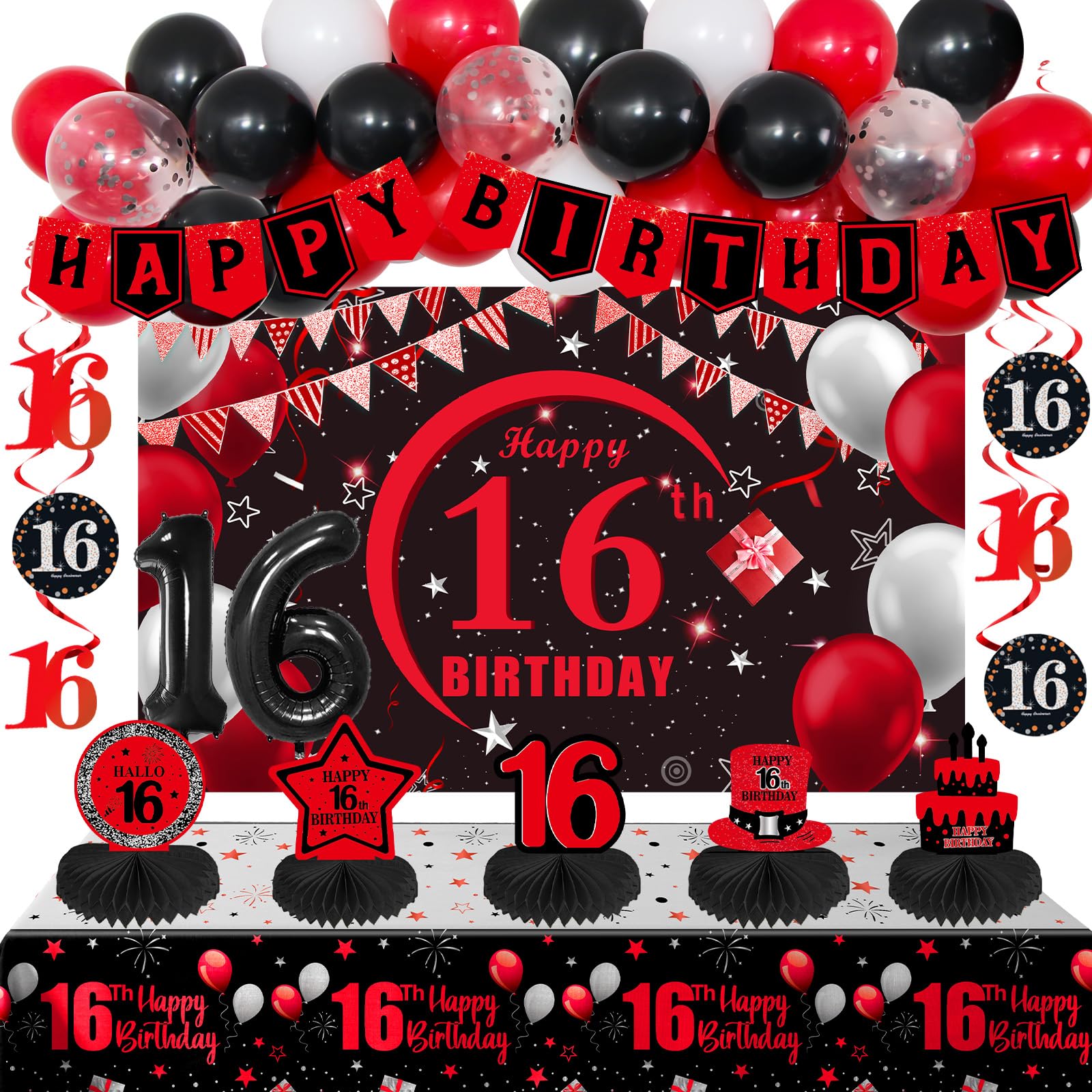 Photo 1 of ****BOXES NOT A BACKDROP SET**** 16th Birthday Decorations for Boys Girls Red Black, Sweet 16 Party Decorations with Happy 16th Birthday Banner Backdrop 16 Balloon Numbers Honeycomb Centerpieces Tablecloth 16 Years Old Party Supplies