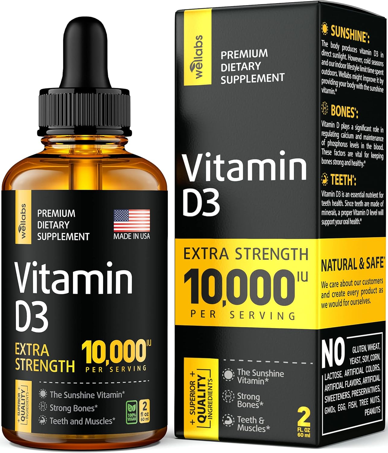 Vitamin D3 Drops - Extra Strength Vitamin D3 10000 IU - Made in The USA - High Dose Vitamin D3 - Premium & Natural Vitamin D3 - The Sunshine D3 Vitamin Supplement - Organic & Raw Vitamin D: Health & Personal Care