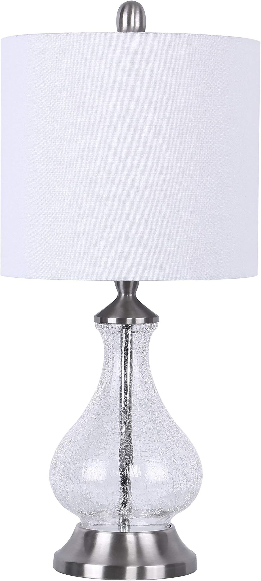 22" Clear Crackle Glass Accent Lamp ft. Curvy Gourd Design, Brushed Nickel Details, and White Linen Drum Shade - Beautiful Contemporary Lighting for Any Room