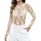 LOMON Womens Mesh Tops Lace Shirts Long Sleeve Crew Neck Sexy See Through Blouses Tee Party Club Night