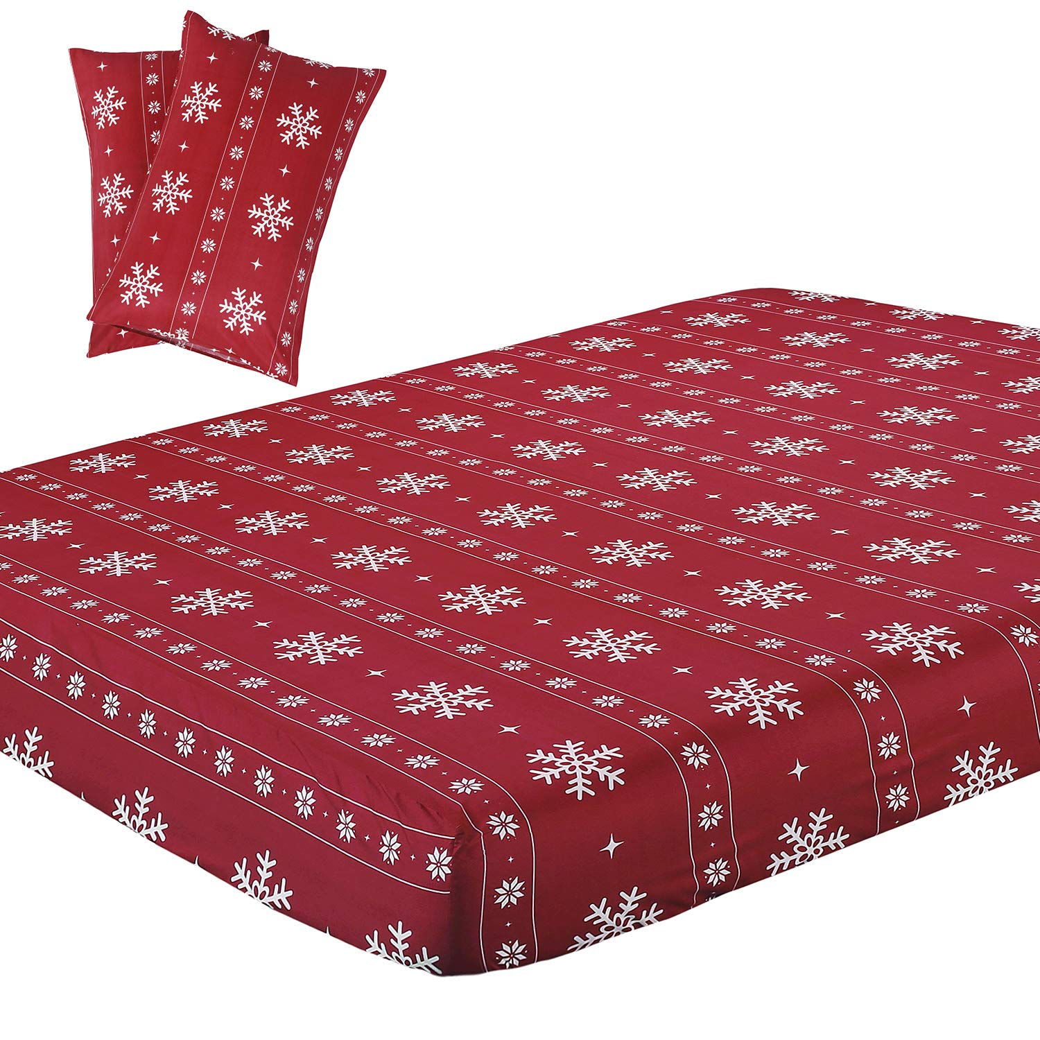 YEPINS Microfiber Fitted Sheet with Deep Pockets(No Top Sheet), Red and White Color Snowflake Pattern for Christmas Season, 3 Pieces (1 Fitted Sheet and 2 Pillowcases)- Super King Size