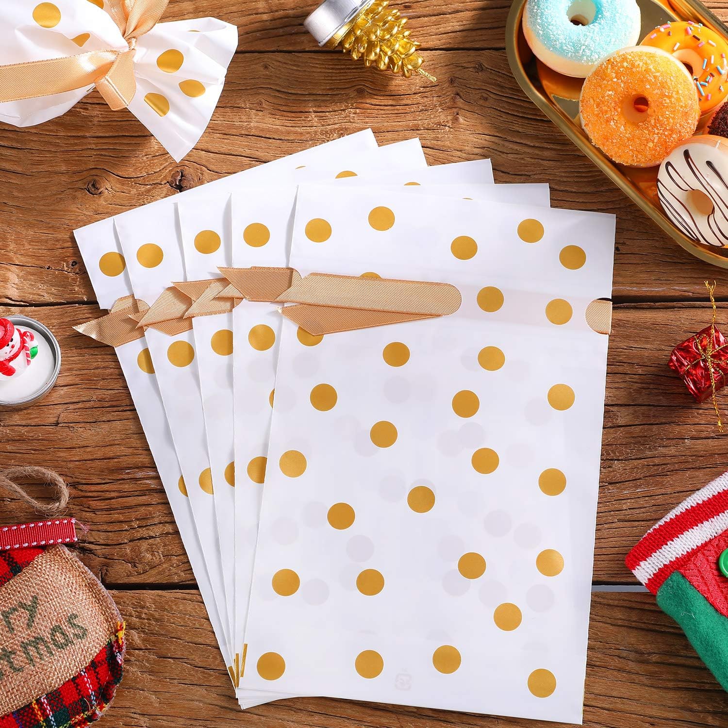 Frienda 30 Pack Gold Polka Dot Treat Bags with Drawstring Plastic Candy Bag Drawstring Cookie Sack for Christmas Wedding Party Birthday Engagement Holiday Favor - Image 5