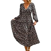 CUPSHE Womens Maxi Fall Dresses V Neck Casual Long Sleeve Smocked Floral Long Flowy Smocked Formal Wedding Guest Dress