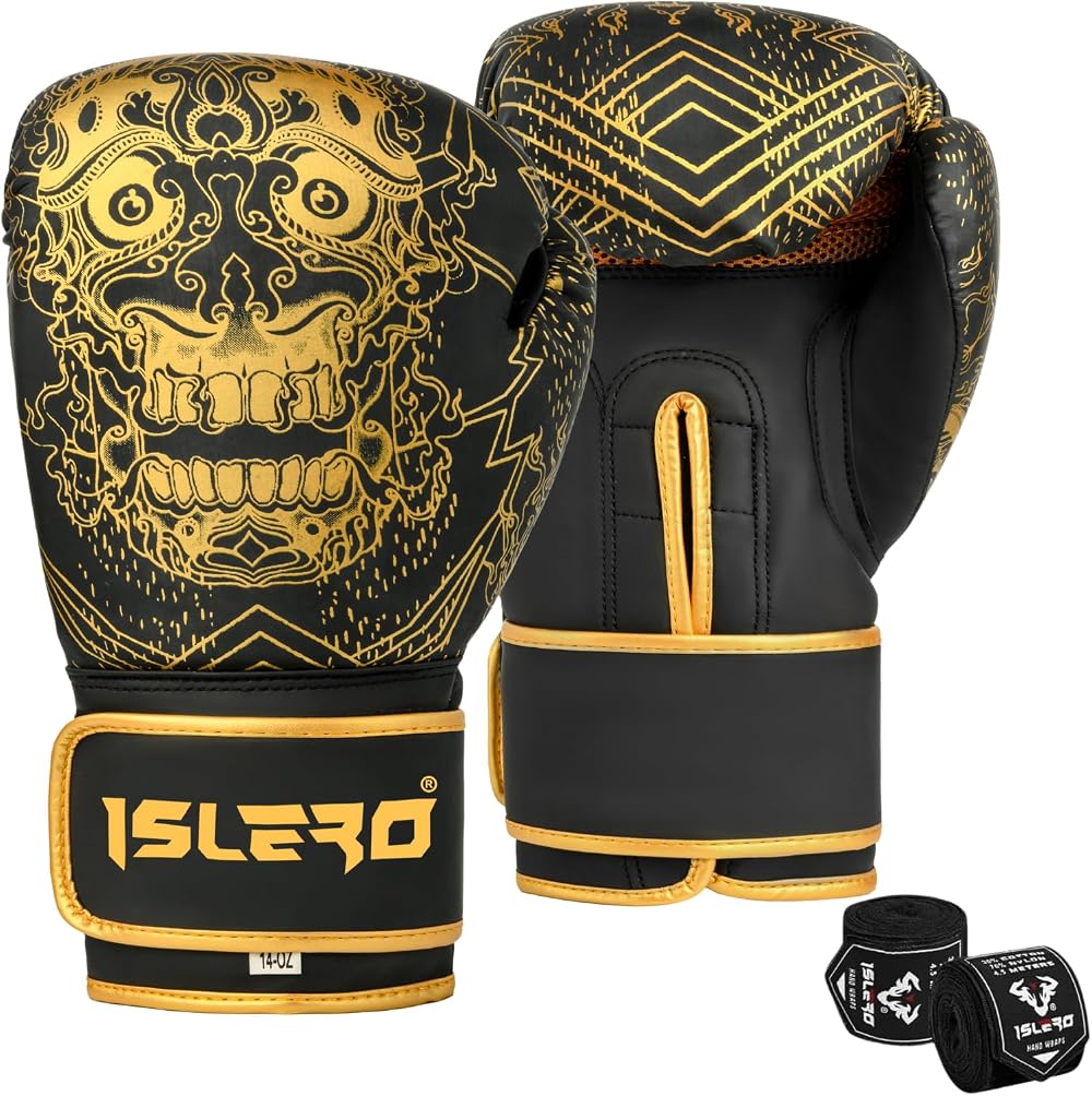 Islero Fitness Boxing Gloves 10 OZ Matte Black with Hand Wraps Men Women