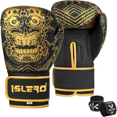 Islero Fitness Boxing Gloves 10 OZ Matte Black with Hand Wraps Men Women