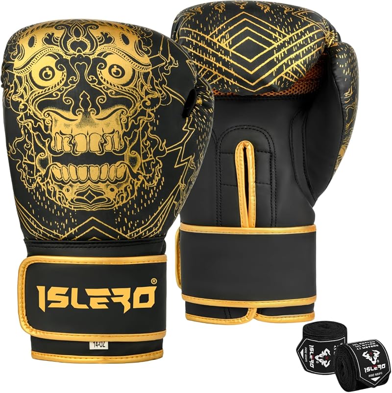 Islero Fitness Boxing Gloves 10 OZ Matte Black with Hand Wraps Men Women