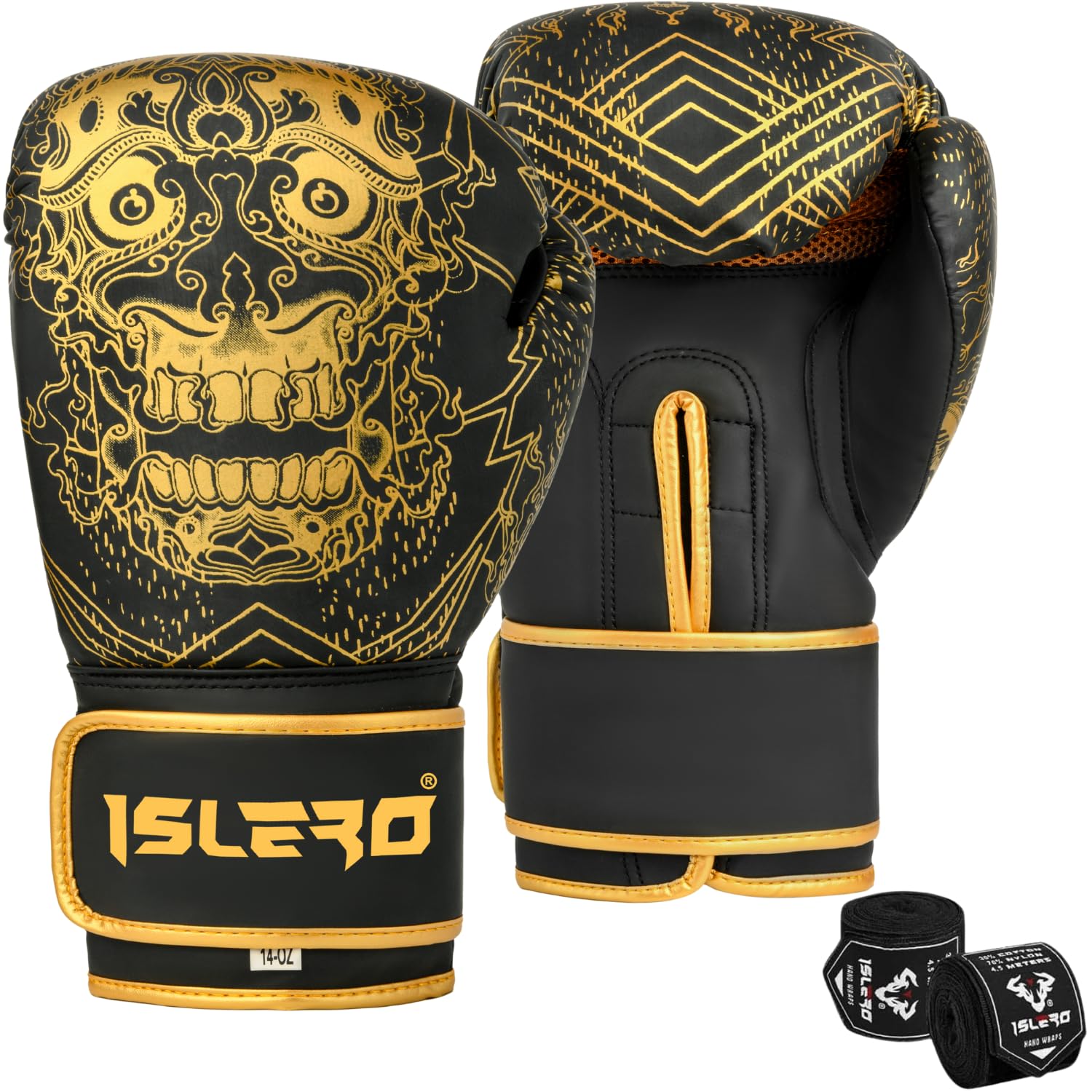 Islero Fitness Matte Black Boxing Gloves Men Punch Bag Women MMA Muay Thai Martial Arts Kick Boxing Sparring Training Fighting Gloves With Hand Wraps (Black, 12 OZ)