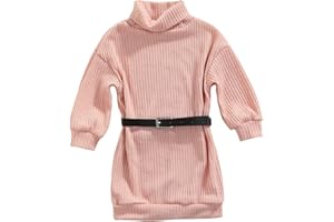 GOOCHEER Toddler Baby Girl Outfits Turtleneck Knit Sweater Dress Kids Solid Ribbed Long Sleeve Dresses +Belt Fall Clothes