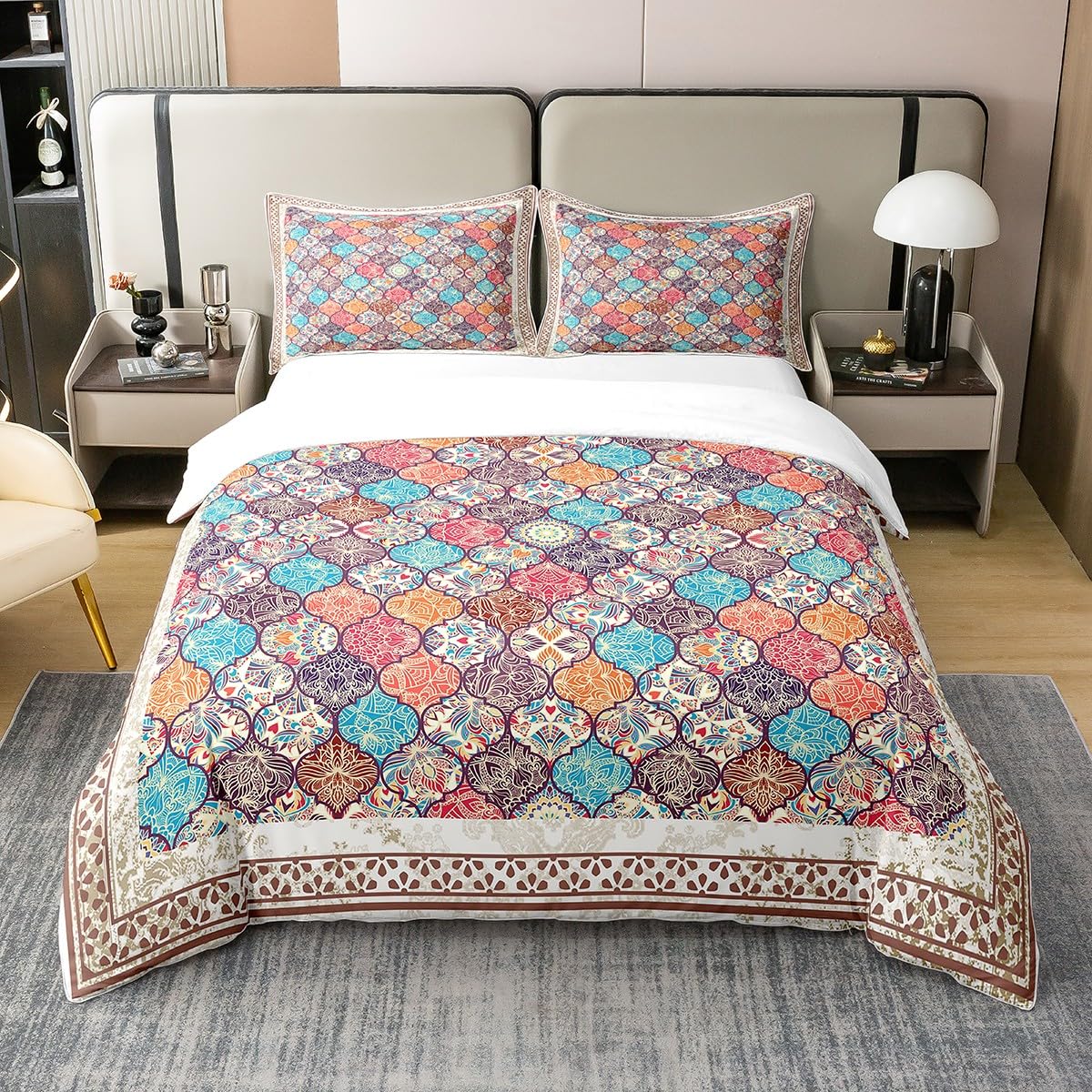 100% Cotton Moroccan Style Duvet Cover Super King Boho Damask Flower Bedding Set for Women Exotic Tribal Colorful Bohemian Comforter Cover Floral Patchwork Geometric Soft Breathable Bed Set — image 1