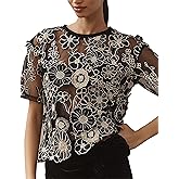 RIATOUR Women's Embroidered 3D Floral Blouse Short Sleeve Crew Neck Sheer Lace Tee Shirts