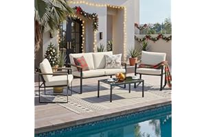 NATURAL EXPRESSIONS 4 Pieces Patio Furniture Sets,Metal Outdoor Patio Furniture Sets,Outdoor Sectional Patio Conversation Set,Wooden Anti-Scald Armrest,Sling Mesh,4" Olefin Cushions