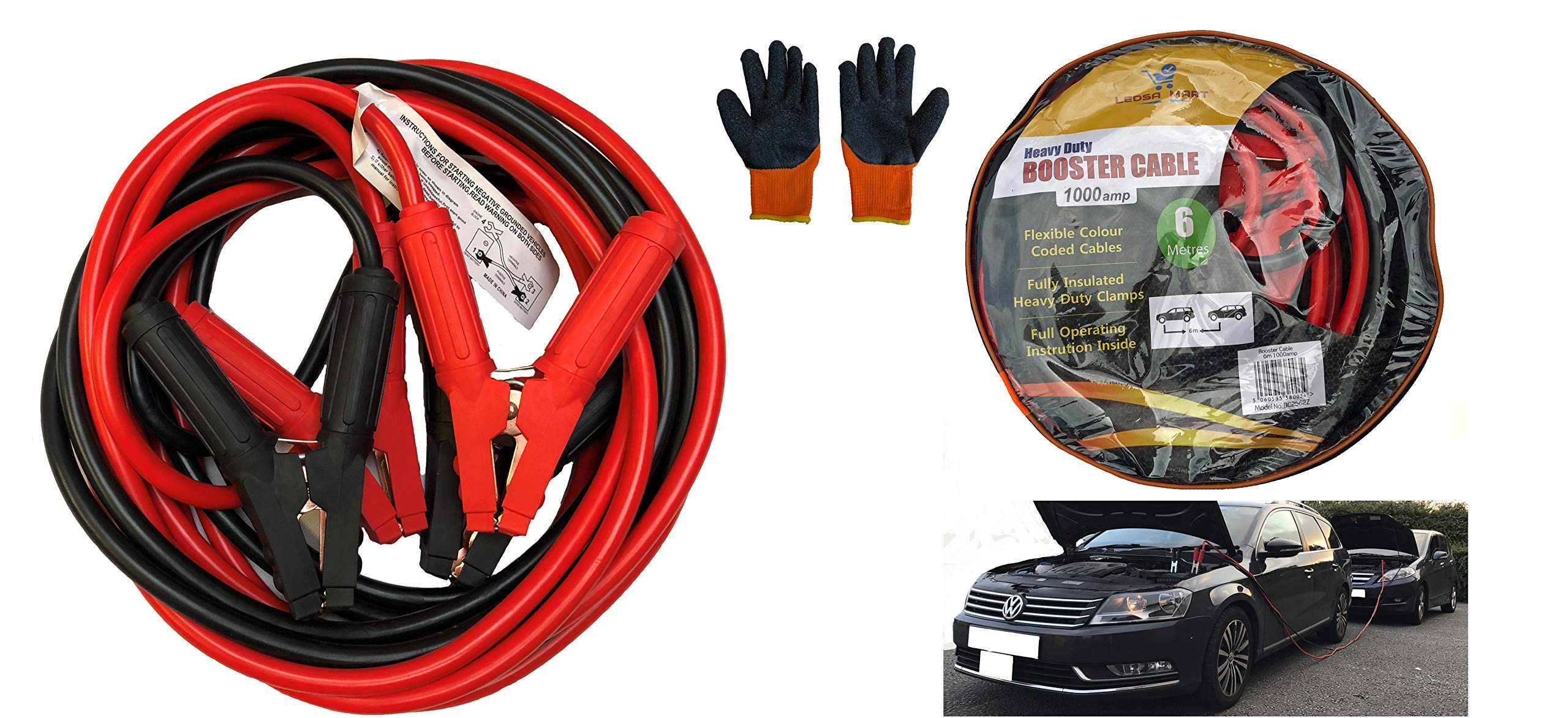LEDSA MART 6 Metres 1000amp Heavy Duty Jump Leads Professional Booster Cables for HGV Cars Vans Truck with Safety Gloves and Carry Case