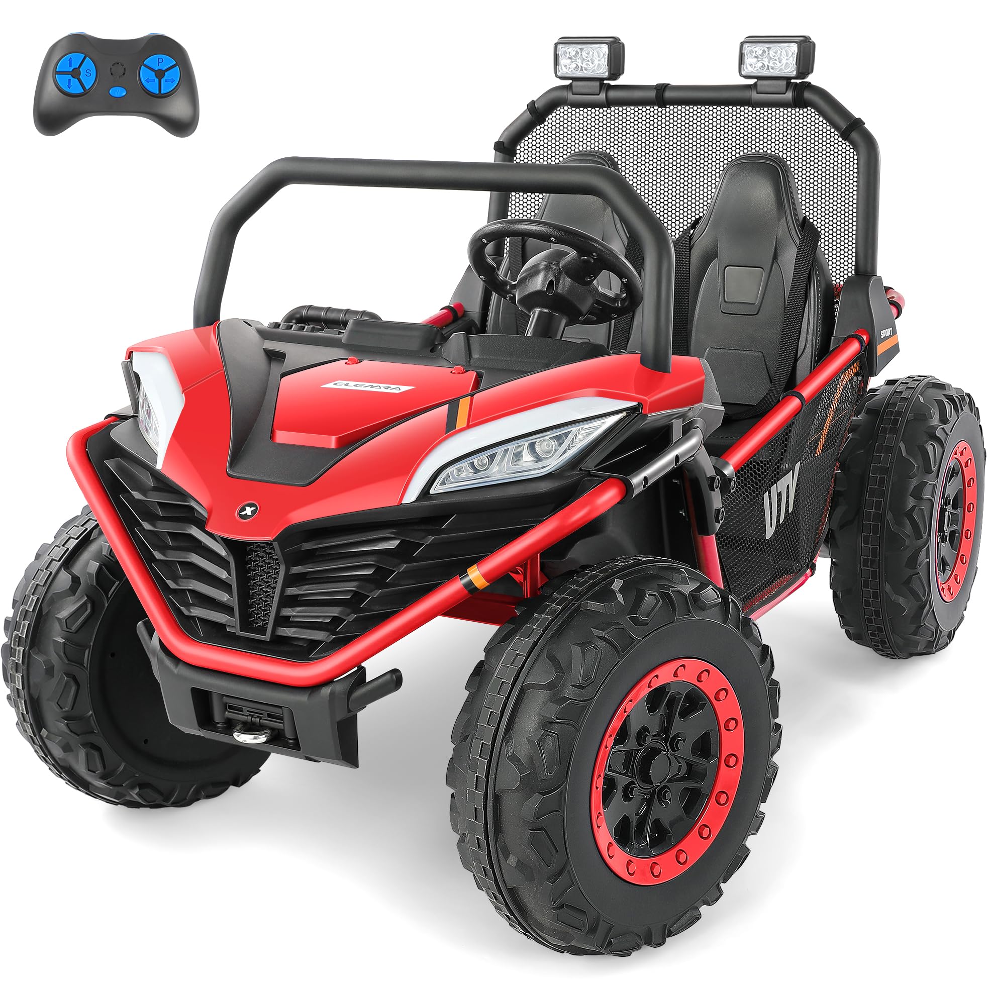 Photo 1 of ELEMARA 2 Seater Ride on Toys for Big Kids,12V Battery Powered Off-Road UTVl4WD Ride on Car with Remote Control,LED Lights,Bluetooth,Adjustable 3 Speeds,20" Wider Seater for 3-8 Boys&Girls,Red