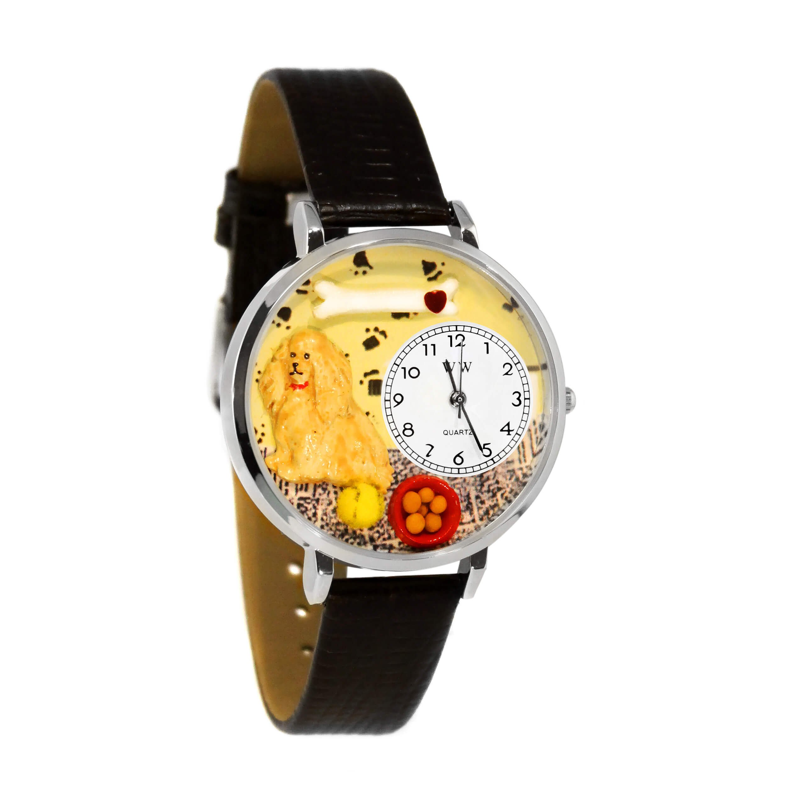 Whimsical Watches Cocker Spaniel Black Skin Leather and Silvertone Unisex Quartz Watch with White Dial Analogue Display and Multicolour Leather Strap U-0130027