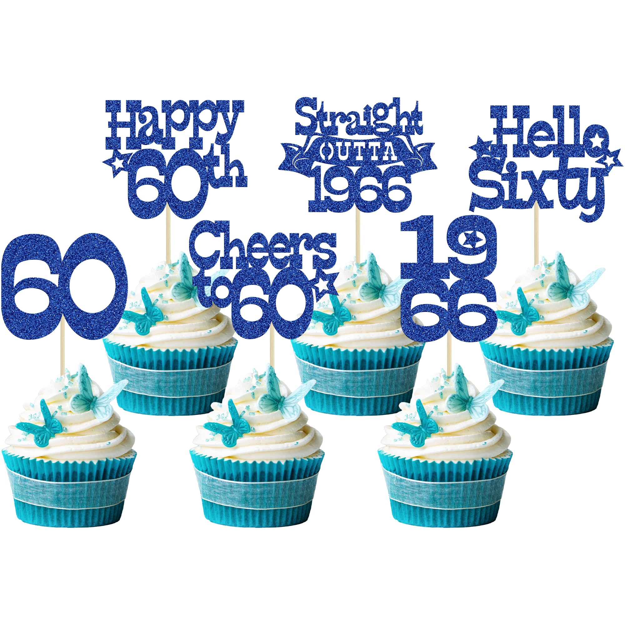 Ephlyn 30Pcs Happy 60th Birthday Cupcake Toppers Glitter Sixty Straight Outta 1966 Cupcake Picks Cheers to 60 Years Cake Decorations for Happy 60th Birthday Anniversary Party Supplies Blue
