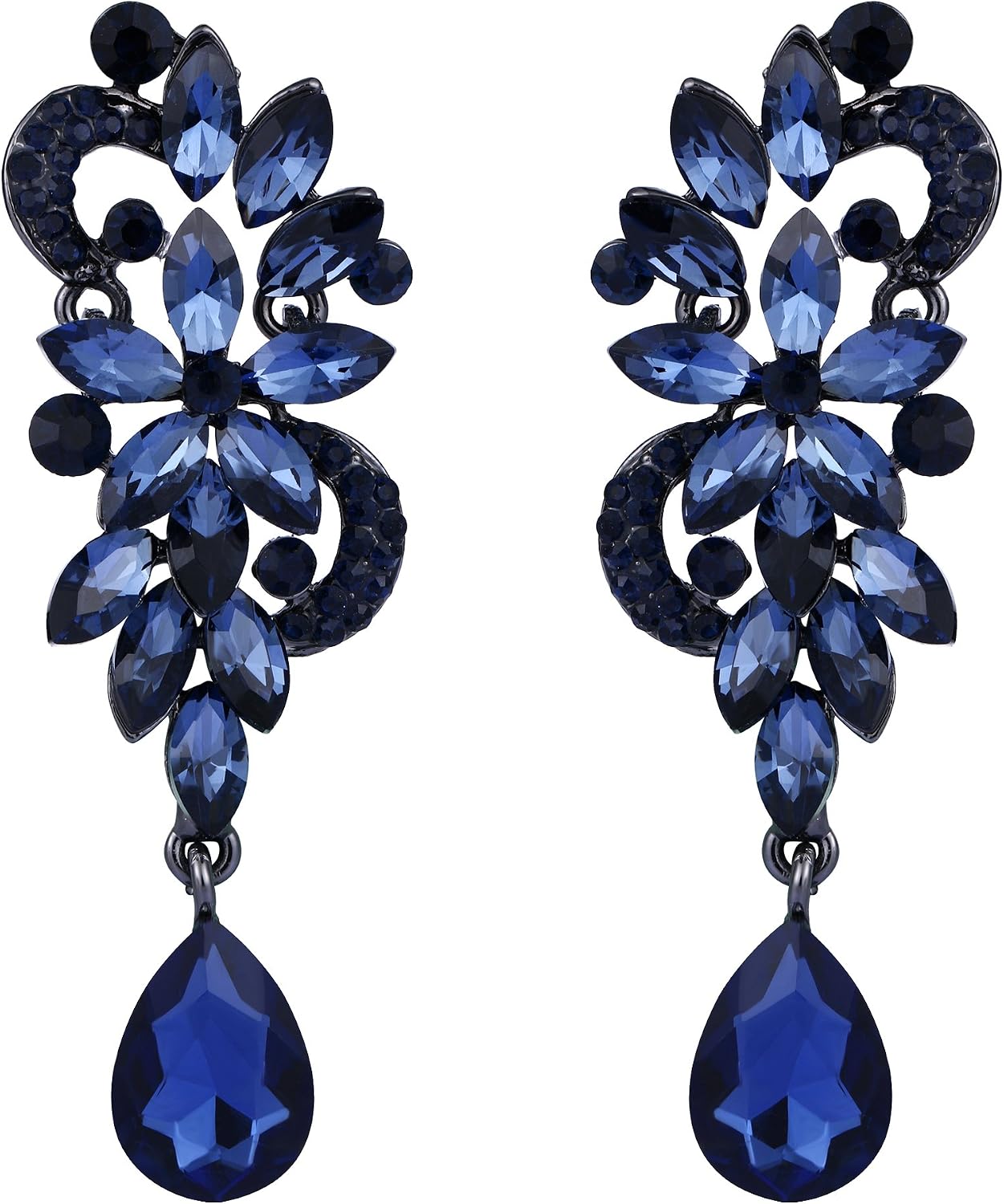 Clearine Women's Bohemian Boho Crystal Flower Wedding Bridal Chandelier Teardrop Bling Long Dangle Earrings Blue Black-Tone