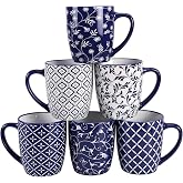 18 OZ Coffee Mugs Set of 6, Geometric Porcelain Large Mug for Man Woman | Blue and White Floral Ceramic Cup for Latte, Tea, Water, Cappuccino, Mocha, Cocoa, Housewarming Wedding Mug Present