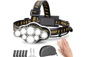 KIDECCE Headlamp,Super Bright 18000 Lumen 8 LED Motion Sensor Head Lamp with Red Warning Light 8 Modes Headlamp Rechargeable 