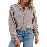 Cicy Bell Womens Puff Long Sleeve Blouse Gingham Pleated V Neck Button Down Shirts Loose Fit Dressy Casual Fall Tops