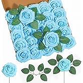 DuHouse 25Pcs Artificial Roses Flowers Fake Rose with Stems Real Touch Foam Flowers for DIY Wedding Bouquet Centerpiece Floral Arrangement Party Home Decor (Sky Blue)