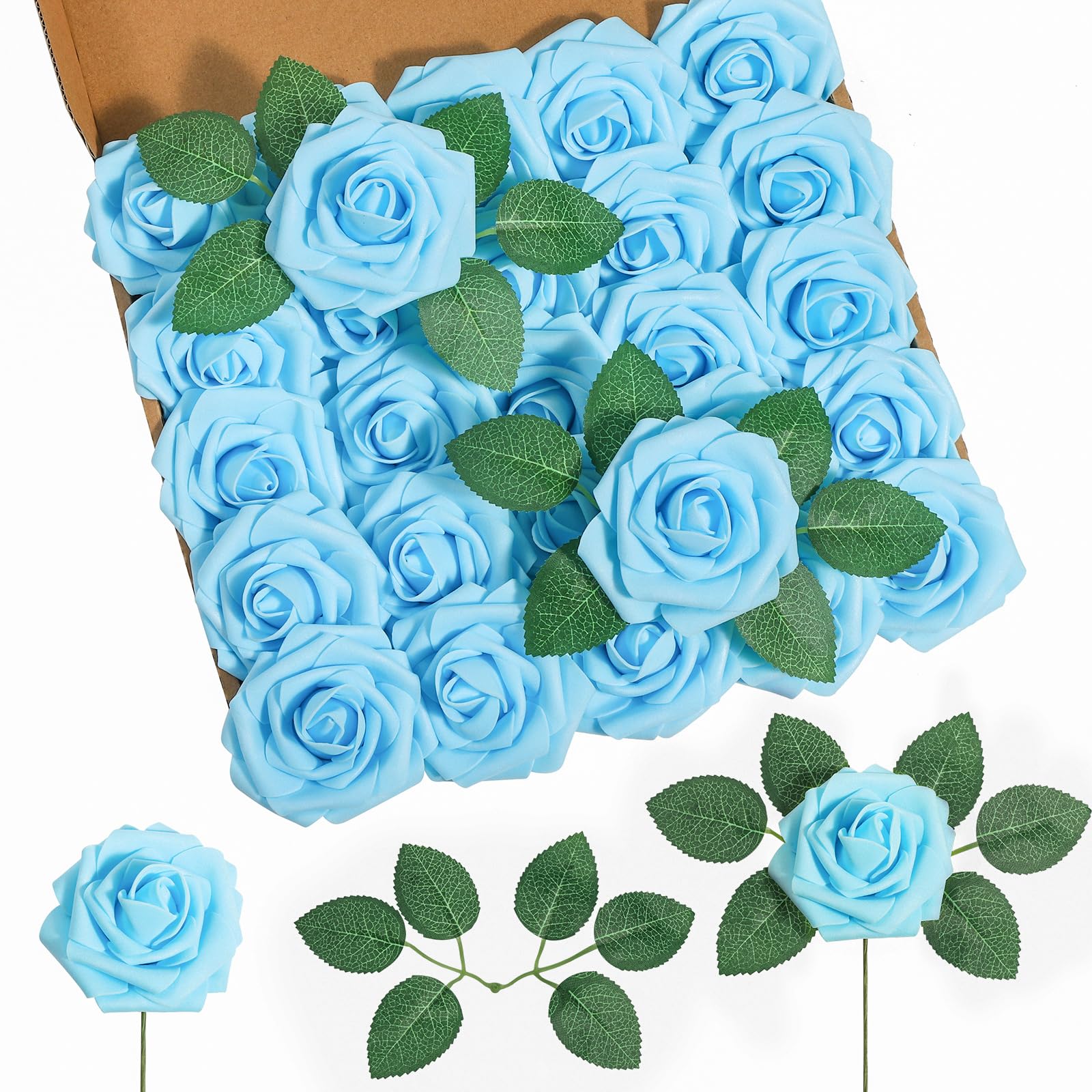 DuHouse 25Pcs Artificial Roses Flowers Fake Rose with Stems Real Touch Foam Flower Head for DIY Wedding Bridal Bouquet Baby Shower Centerpiece Floral Arrangement Party Home Decor(Sky Blue) — image 1