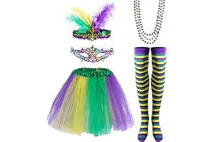 Yolyoo 7 Pieces Mardi Gras Costume Accessory Set Tutu Skirt, Faux Feather Half Mask,Mardi Gras Beads,Long Socks for Women and Girls Multicoloured