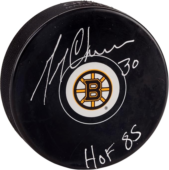 Gerry Cheevers Boston Bruins Autographed Logo Puck with"HOF 85