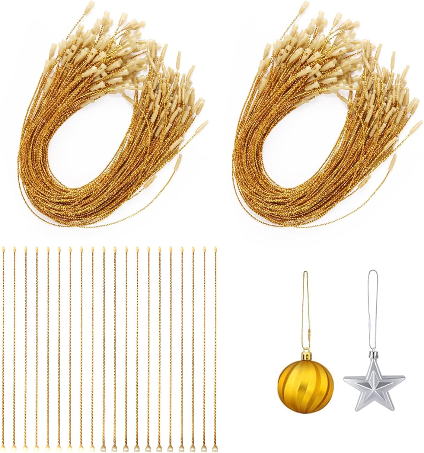 Ornament Hooks - PureGuard Christmas Ornament String Hangers, 200 Pcs Christmas Tree Ornament String Hooks Precut Ornament Ribbon Hangers Locking Ropes for Halloween Christmas Decorations - Gold