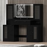 Fluted Makeup Vanity Desk with Mirror and Lights, 55" Glass Top Vanity with 8 Drawers &amp; 4 RGB Glass Cabinets, Adjustable Shelves &amp; Power Outlet, Modern Dressing Table Set for Women Girls Bedroom