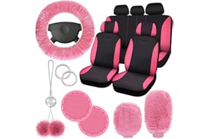 Fulmoon 17 Pcs Car Seat Cover Full Set for Women Fluffy Fuzzy Car Accessories Christmas Front Rear Steering Wheel Fleece Handbrake Shift Covers Hanging Accessory Holder Ring Emblem(Pink Black)