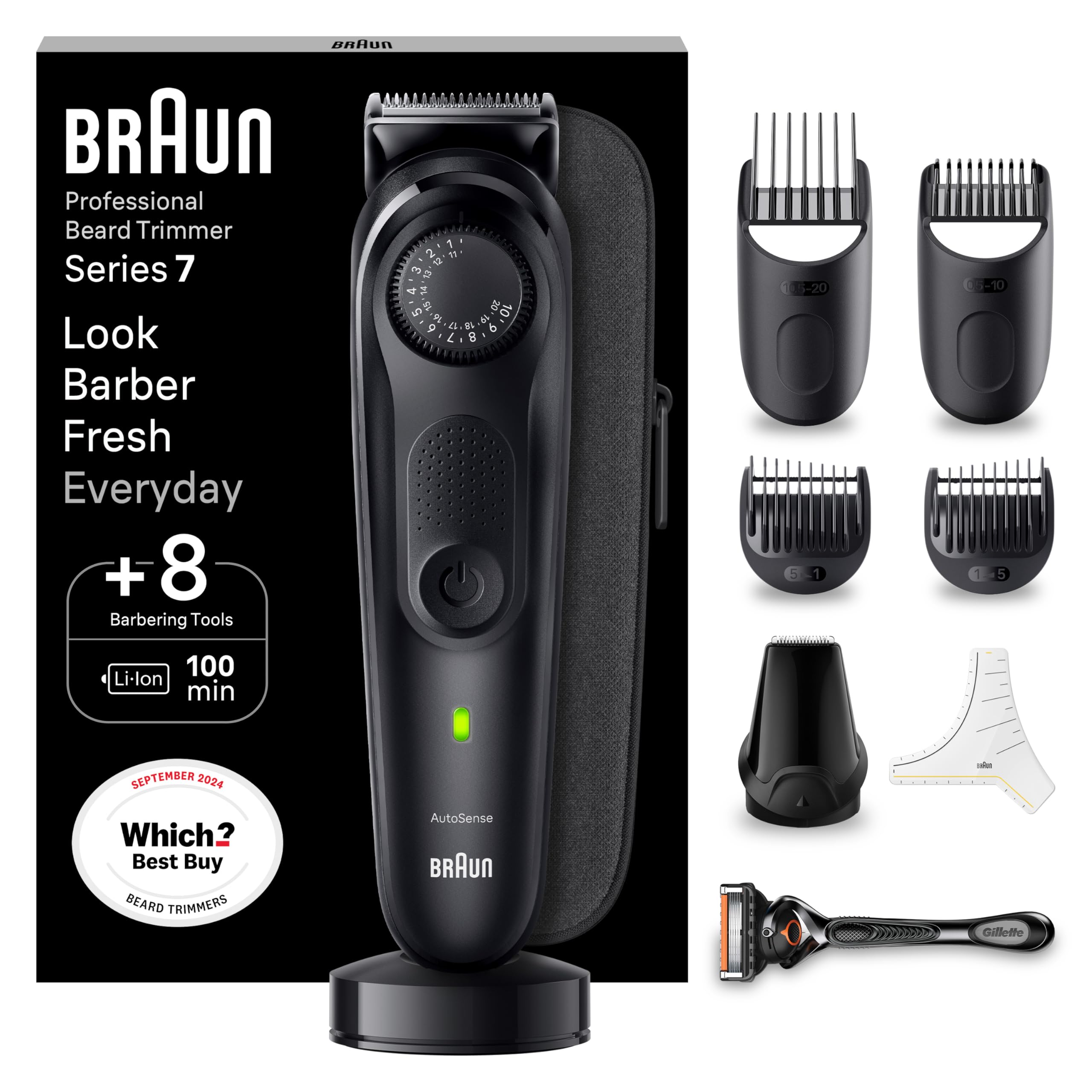 Braun Series 7 Professional Beard Trimmer, with Gillette Proglide Men's Razor, 40 Length Settings, Gifts for Men, 100-min Runtime, BT7440