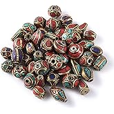 KISSITTY 50Pcs Handmade Tibetan Style Bead Spacer Beads Round Column Bead Handmade Buddha Loose Bead Mixed Shape for Earring Necklace Bracelet Jewelry Making