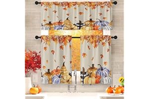 Nesphy Pumpkin Thanksgiving Fall Kitchen Window Curtains Valance and Tier Set 36 Inch, Autumn Vintage Orange Maple Leaf 3 Piece Window Treatment Tiers for Living Room Bedroom Kitchen Decor Drapes