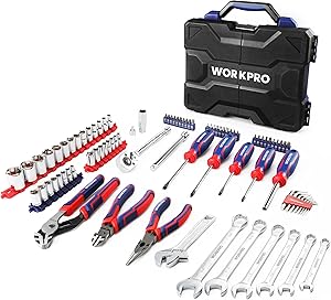 WORKPRO Household Repair Tools Set, 87-piece Hand Tool Kit Including Plier, Screwdriver Set, Wrench, Hex Socket Set, Ratchet Handle, with Storage Case/Box, for Apartment, Garage, Office