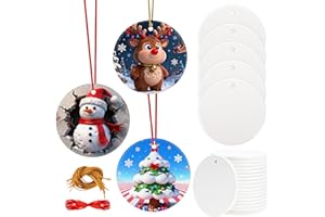 Joyclub 25 PCS 3'' Sublimation Ornament Blanks Ceramic Sublimation Christmas Ornaments Bulk Wholesale Round White Ornaments for Personalized Xmas Tree Heat Transfer Home Decor DIY Crafts