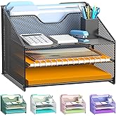 Samstar Desk File Organizer, Mesh Letter File Folder Holder with 3 Paper Trays and 2 Vertical Upright Section, for Office Supplies,Desk Accessories &amp; Workspace,Black.