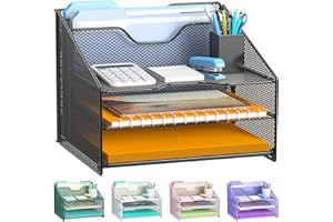 Samstar Desk File Organizer, Mesh Letter File Folder Holder with 3 Paper Trays and 2 Vertical Upright Section, for Office Supplies,Desk Accessories & Workspace,Black.