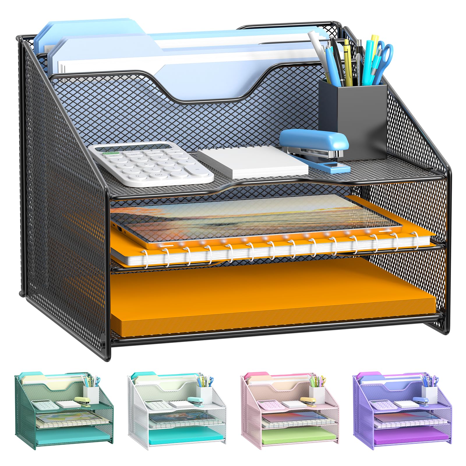 Samstar Desk Organiser Letter Tray, Mesh File Holder with 3 Paper Trays and 2 Vertical Upright Folder Section, Black. …
