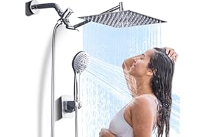 JAFETON High Pressure Rainfall Shower Head with Handheld Spray Combo – 5 Spray Modes, 10" Rain Showerheads Overhead Shower, Anti-Clog Nozzles, Air-In, Flexible Extension Arm, Chrome Plating & Brass