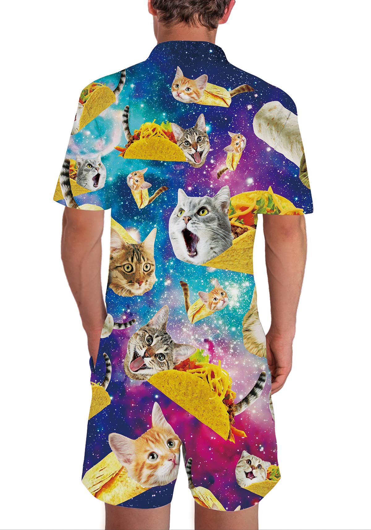 Mens Galaxy Cat Rolls Jumpsuit Lovely Short Sleeve 3D Fashion Stars Nebula Space Print Romper One Piece Summer Casual Beach Shorts Zipper Outfits Party BBQ Beach Medium