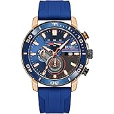 BUREI Men's Chronograph Multi-Function Watches Casual Sports Watch Blue Silicone Strap Waterproof Military Luminous Watches Analog Quartz Round Watch with Calendar