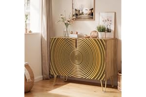 SIGNWIN Sideboard Buffet Cabinet, Kitchen Storage Cabinet with 2 Doors, Golden Storage Cabinet, Golden Rings Patterns, Cupboard Console Table for Dining Room - 35" L x 18" W x 29" H