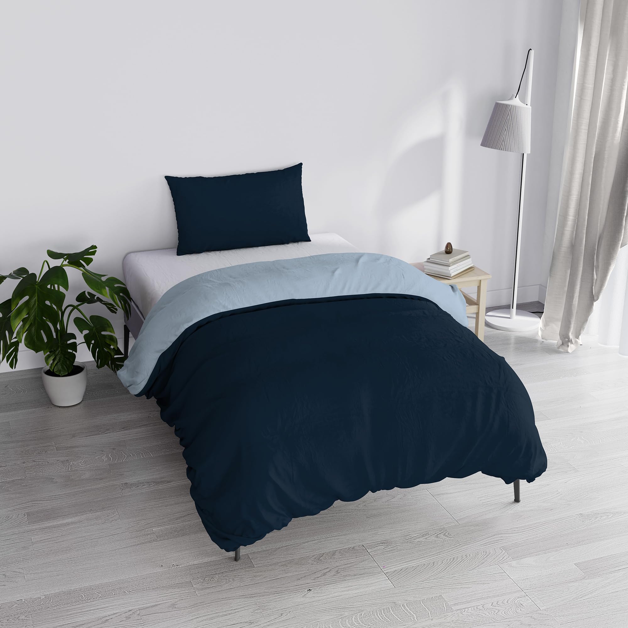 Italian Bed Linen Duvet Cover Set “Natural Doubleface Solid Colour Bag Sheet and Pillowcase, Dark Blue/Light Blue, Small Double