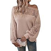 WDIRARA Women's Contrast Lace Boat Neck Mesh Long Sleeve Sweater Ribbed Knit Pullovers