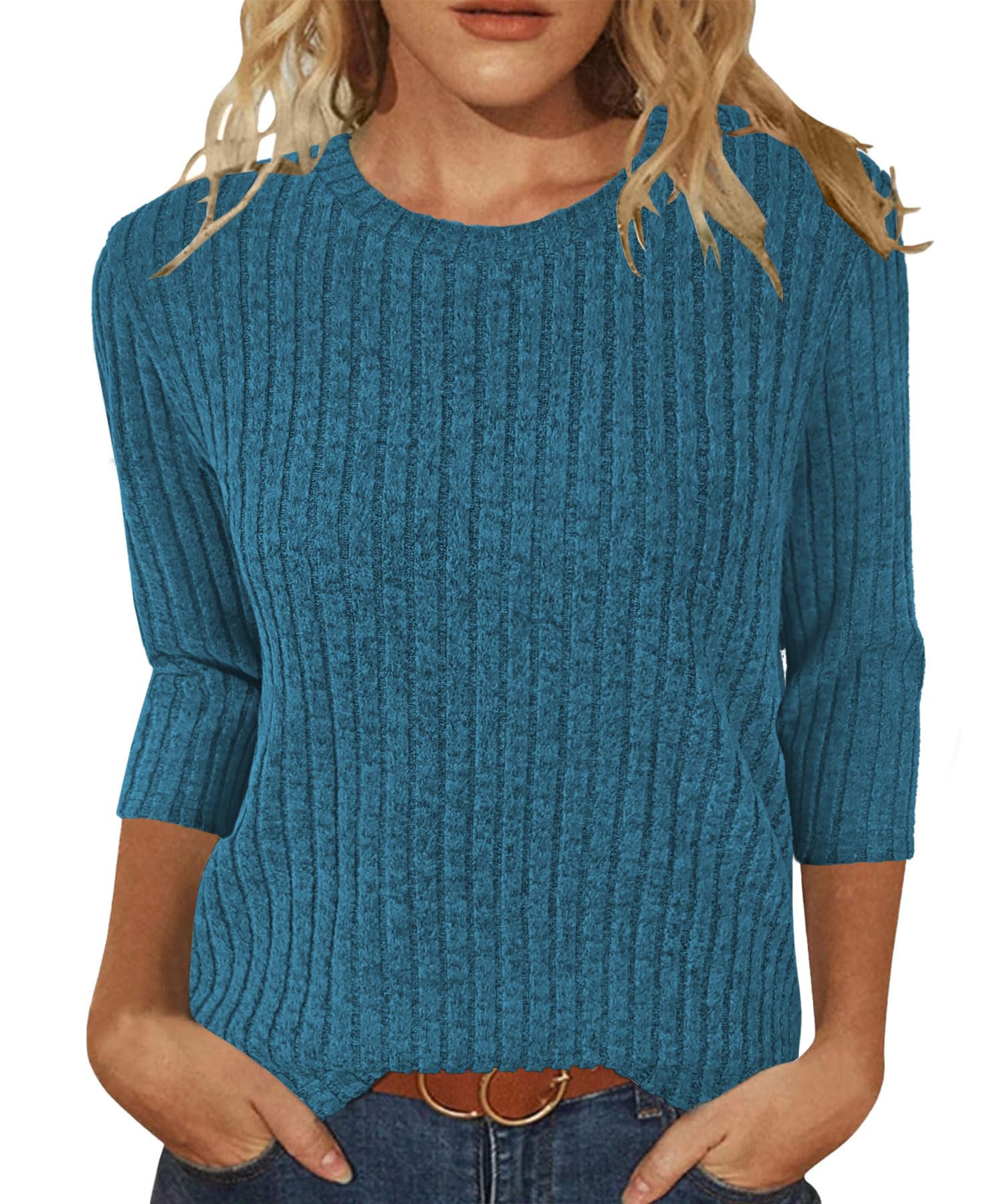 Photo 1 of JomeDesign Sweaters for Women 3/4 Sleeve Tops Dressy Casual Fall Outfits Teal Blue
